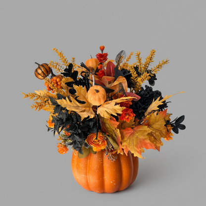 Tulu Designs Tulu Prints &amp; Designs Orange and Black Halloween Pumpkin Floral Arrangement – Glitter Pumpkin Vase Centerpiece - Artificial Flowering Plants