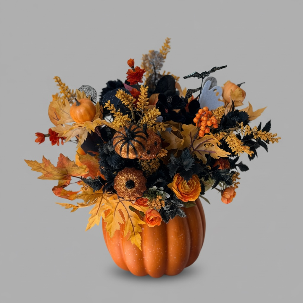 Tulu Designs Tulu Prints &amp; Designs Orange and Black Halloween Pumpkin Floral Arrangement – Glitter Pumpkin Vase Centerpiece - Artificial Flowering Plants