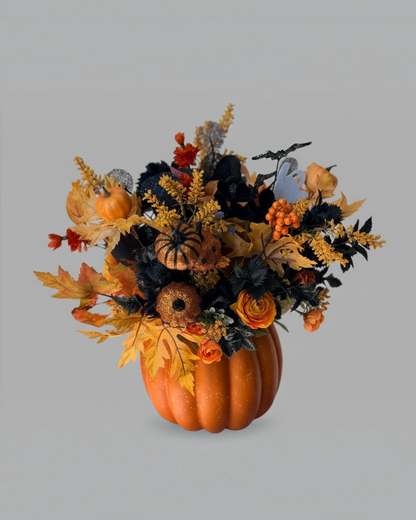 Tulu Designs Tulu Prints &amp; Designs Orange and Black Halloween Pumpkin Floral Arrangement – Glitter Pumpkin Vase Centerpiece - Artificial Flowering Plants