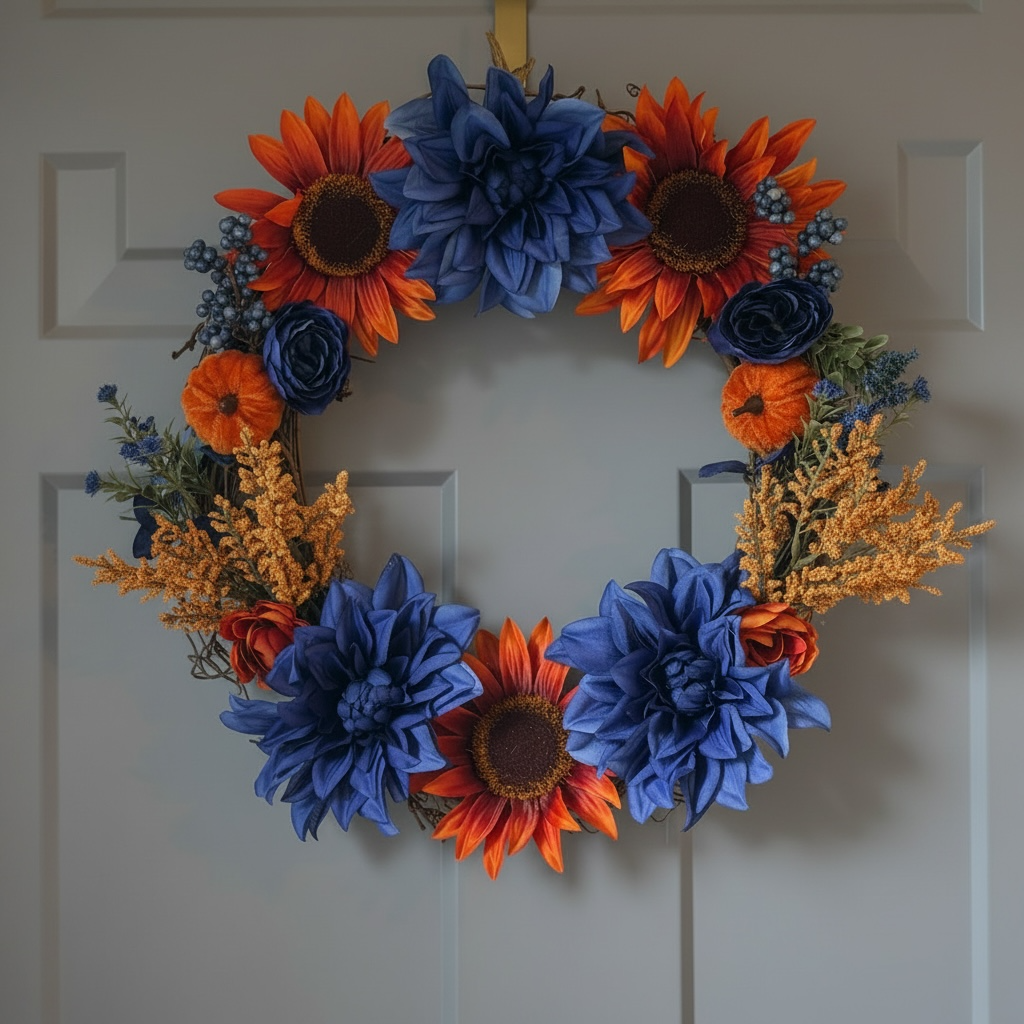 Tulu Designs Tulu Designs Navy Blue and Rust; Orange Sunflower Fall Wreath – Silk Floral Grapevine Door Wreath - Wreaths