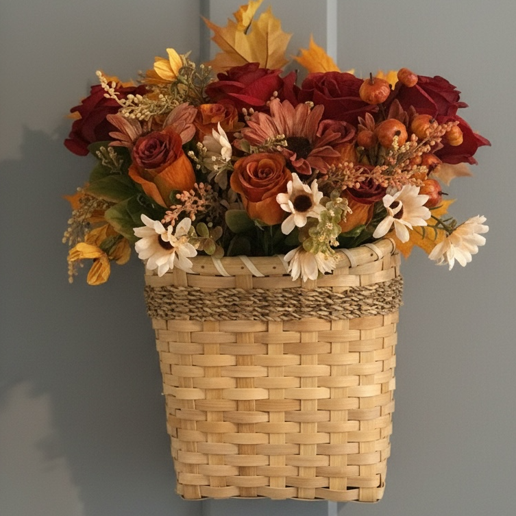 Tulu Designs Tulu Prints & Designs Burgundy & Rust Rose Fall Door Basket – Woven Hanging Floral Arrangement - Wreaths Home Decor