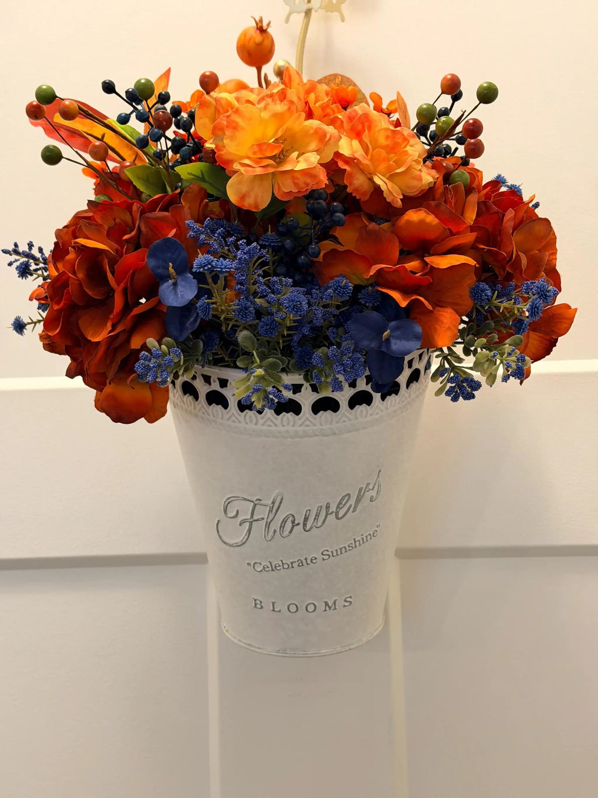 Tulu Prints & Designs Handmade Fall Floral Arrangement | Burnt Orange, Navy Blue Farmhouse Tin Bucket -