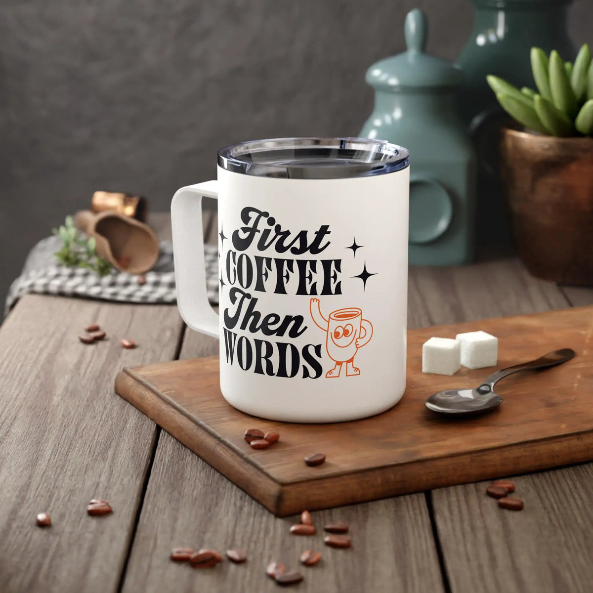 Tulu Prints & Designs Insulated Travel Mug, "First Coffee Then Words" Illustration, 10oz Stainless Steel -