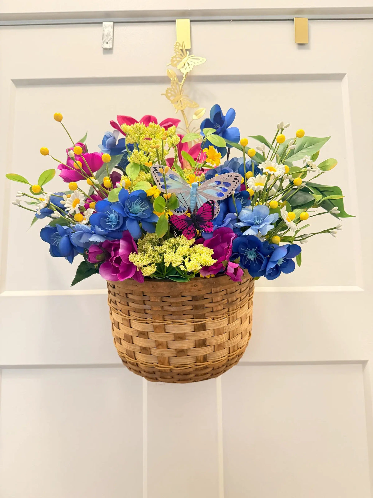 Tulu Prints & Designs Wildflower Door Basket Arrangement | Blue Magenta Yellow Silk Flowers | Spring Summer Wreath Alternative | Hanging Wall Basket | Handmade -
