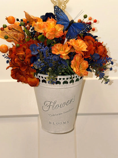 Tulu Prints & Designs Handmade Fall Floral Arrangement | Burnt Orange, Navy Blue Farmhouse Tin Bucket -