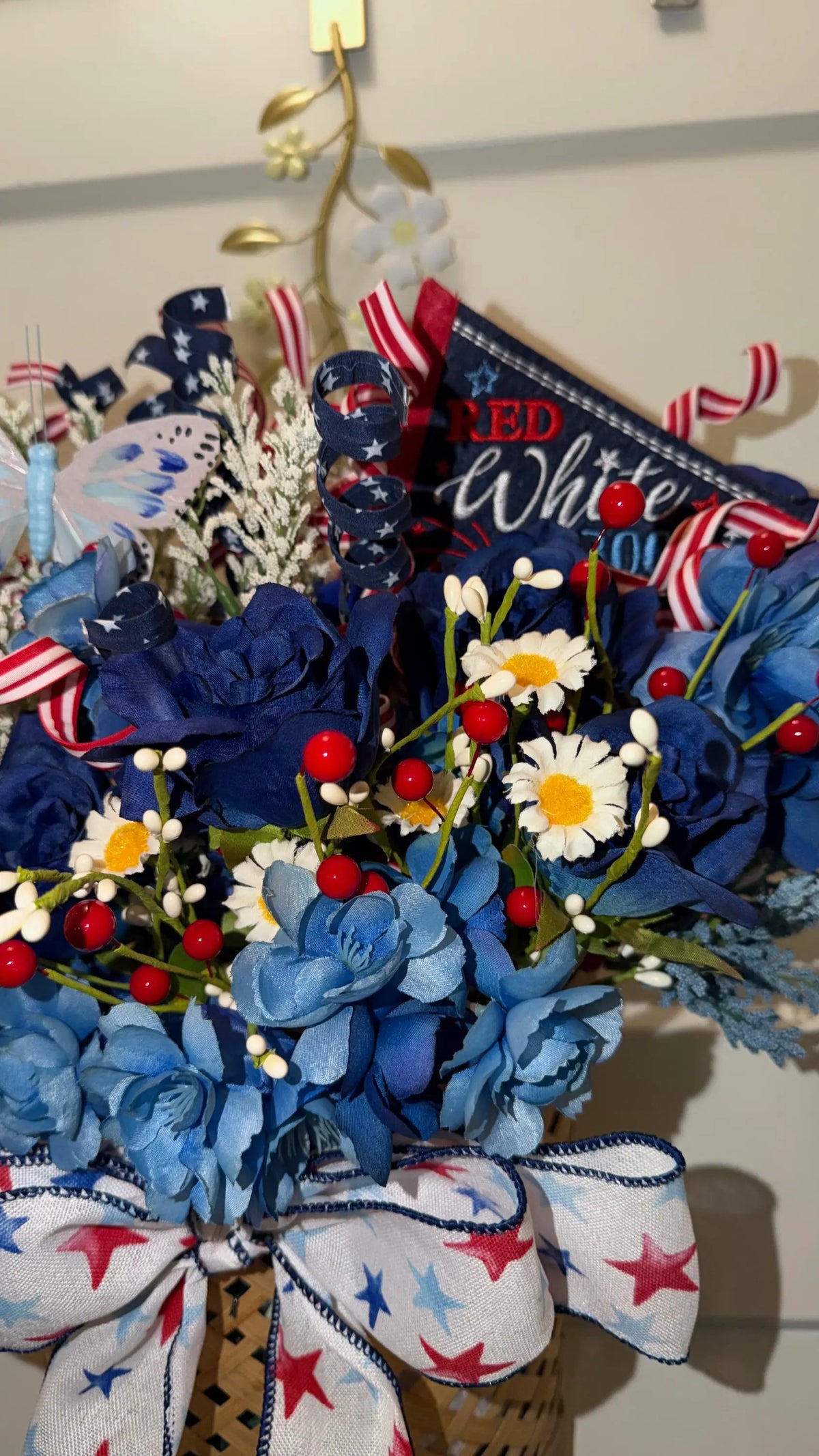 Tulu Prints & Designs Patriotic Wall Pocket Hanging Basket | Red White & Blue Floral with Butterflies | Americana Door Decor -