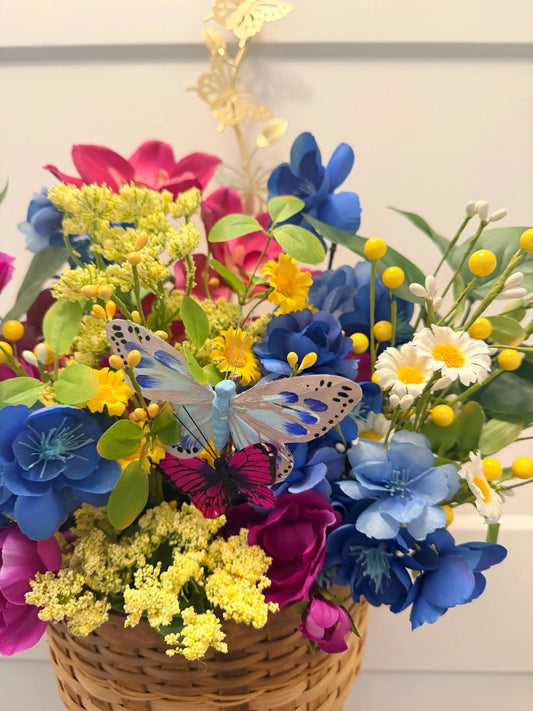 Tulu Prints & Designs Wildflower Door Basket Arrangement | Blue Magenta Yellow Silk Flowers | Spring Summer Wreath Alternative | Hanging Wall Basket | Handmade -