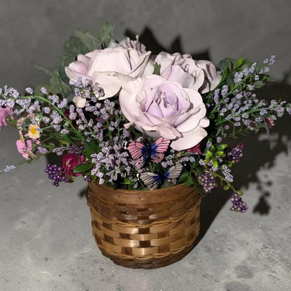 Tulu Prints & Designs Handmade Lavender Rose & Butterfly Silk Floral Hanging Basket — Spring Door Décor - Hanging & Wall Vases