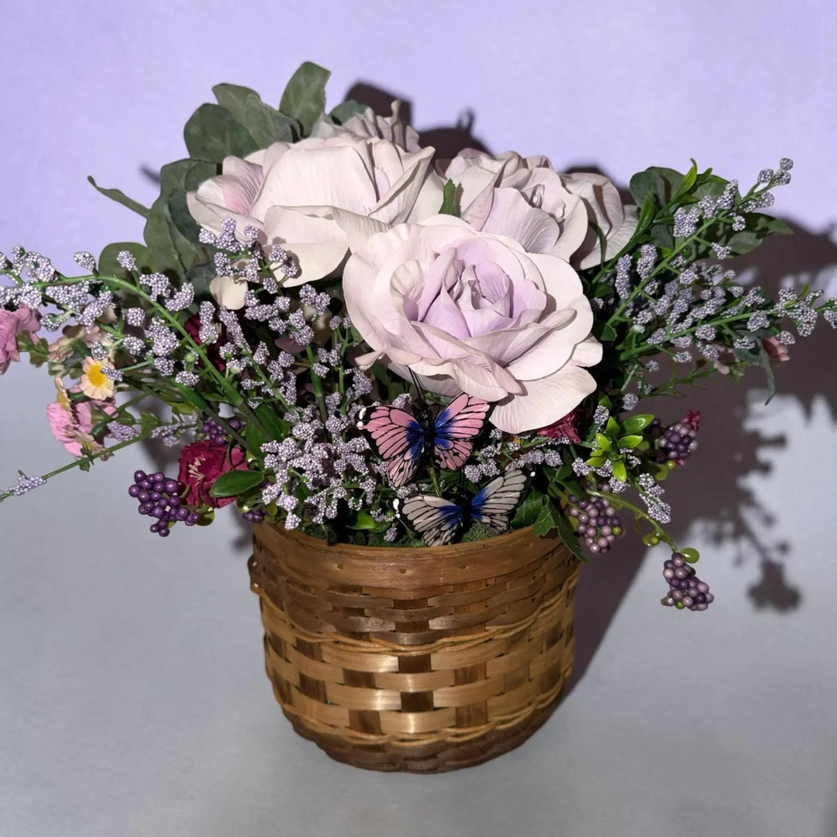 Tulu Prints & Designs Handmade Lavender Rose & Butterfly Silk Floral Hanging Basket — Spring Door Décor - Hanging & Wall Vases