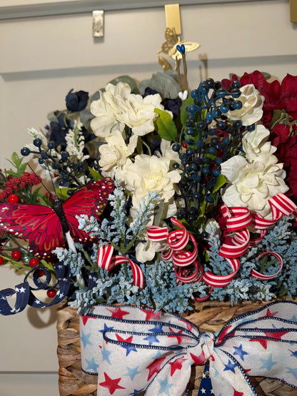 Tulu Prints & Designs Handmade Patriotic Door Basket Wreath: Red White Blue Silk Floral Arrangement Americana Decor - Hanging & Wall Vases