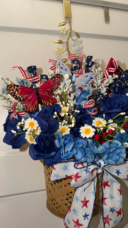 Tulu Prints & Designs Patriotic Wall Pocket Hanging Basket | Red White & Blue Floral with Butterflies | Americana Door Decor -