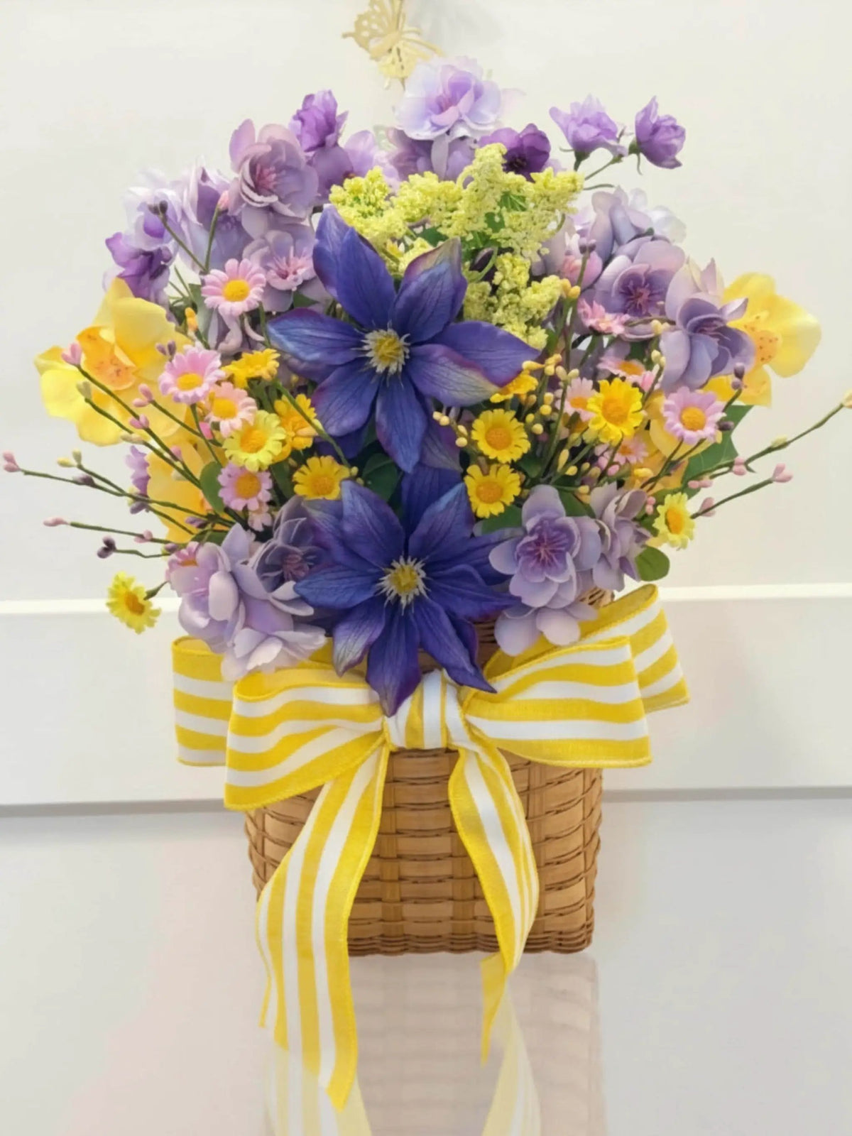 Tulu Prints & Designs Purple & Yellow Floral Basket Arrangement | Summer Centerpiece | Clematis Hydrangea Silk Flowers -