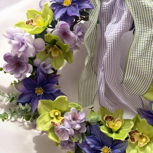 Tulu Prints & Designs Purple, Lavender & Green Orchid Wreath with Butterfly Accent — 17" - Print Material