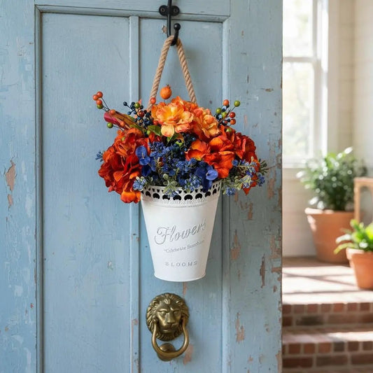 Tulu Prints & Designs Handmade Fall Floral Arrangement | Burnt Orange, Navy Blue Farmhouse Tin Bucket -
