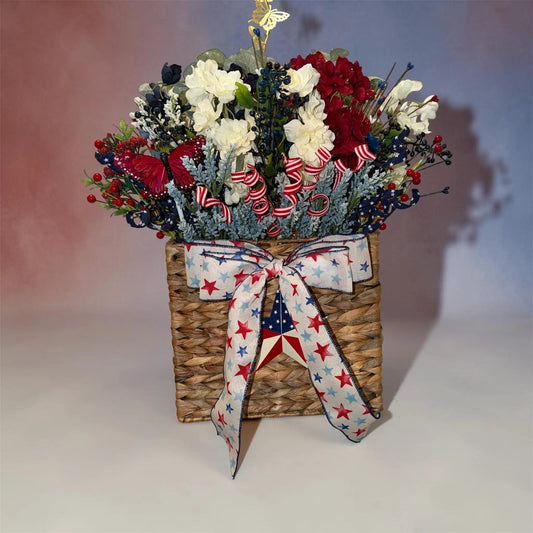 Tulu Prints & Designs Handmade Patriotic Door Basket Wreath: Red White Blue Silk Floral Arrangement Americana Decor - Hanging & Wall Vases