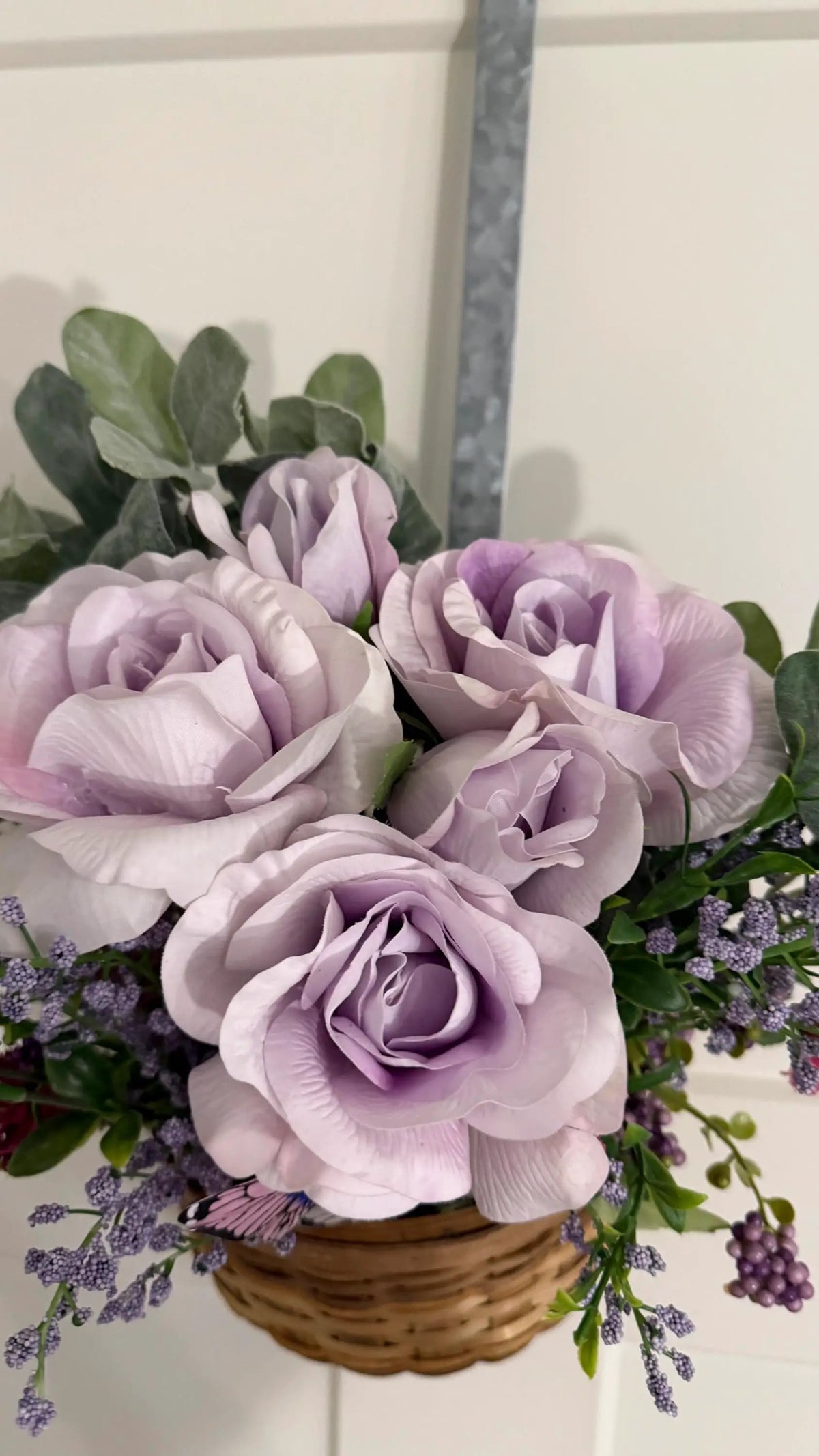 Tulu Prints & Designs Handmade Lavender Rose & Butterfly Silk Floral Hanging Basket — Spring Door Décor - Hanging & Wall Vases