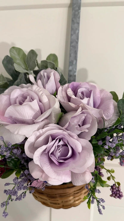 Tulu Prints & Designs Handmade Lavender Rose & Butterfly Silk Floral Hanging Basket — Spring Door Décor - Hanging & Wall Vases