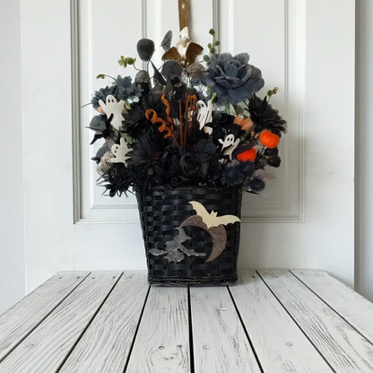 Tulu Prints & Designs Gothic Halloween Door Basket Arrangement — Black & Dusty Blue - Hanging & Wall Vases