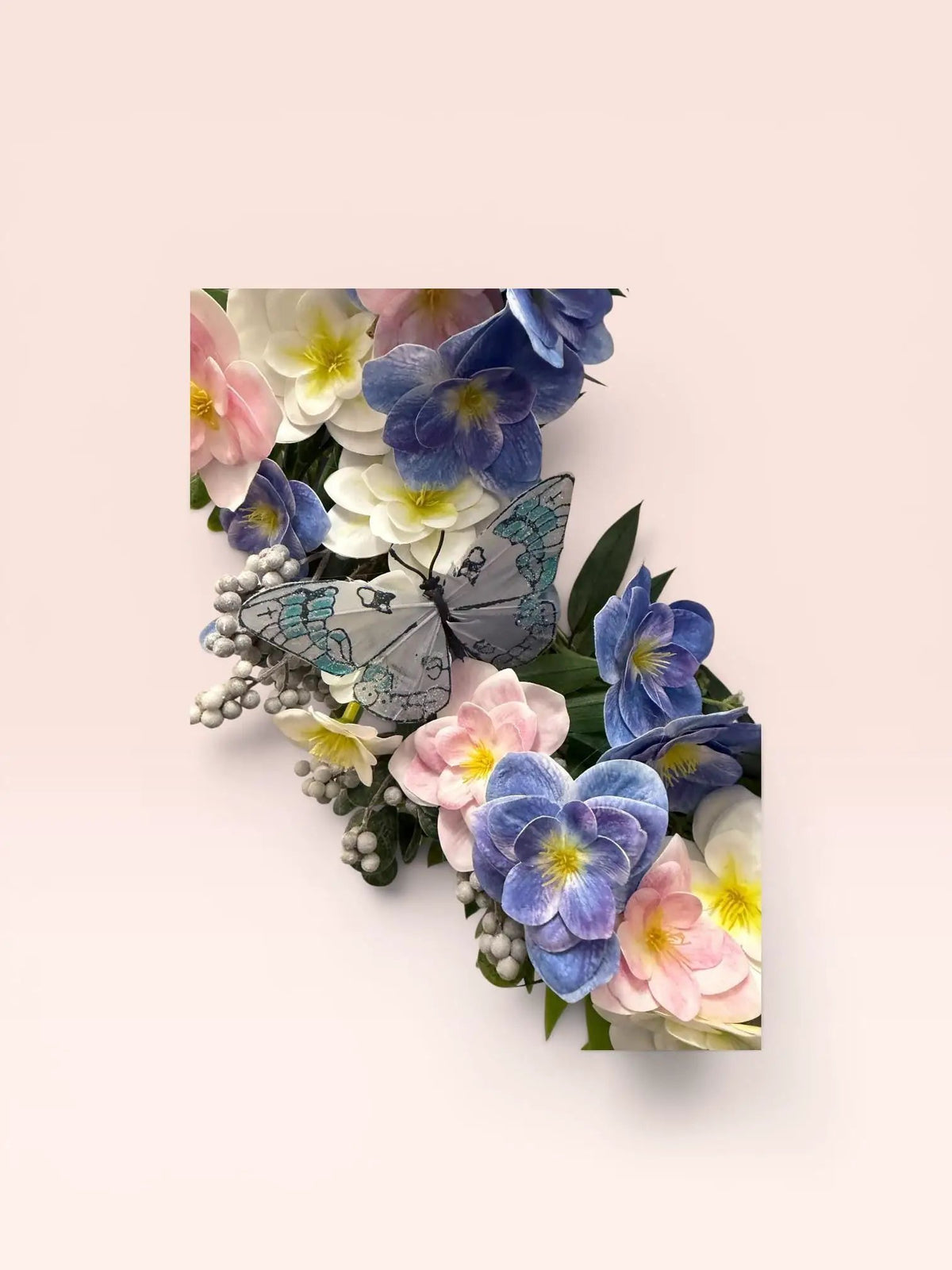 Handmade Spring Floral Wreath | Lavender Blue Pink Butterflies Ombré Bow (20 Inch)