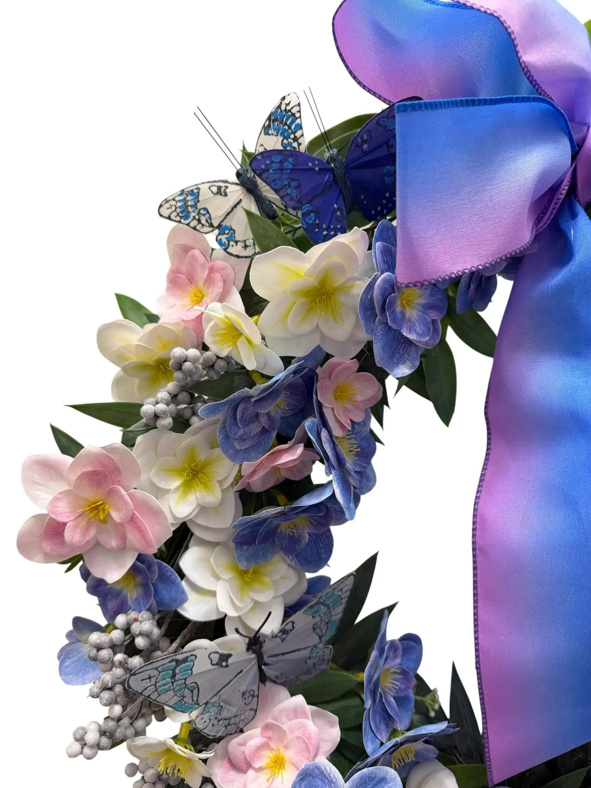 Handmade Spring Floral Wreath | Lavender Blue Pink Butterflies Ombré Bow (20 Inch)