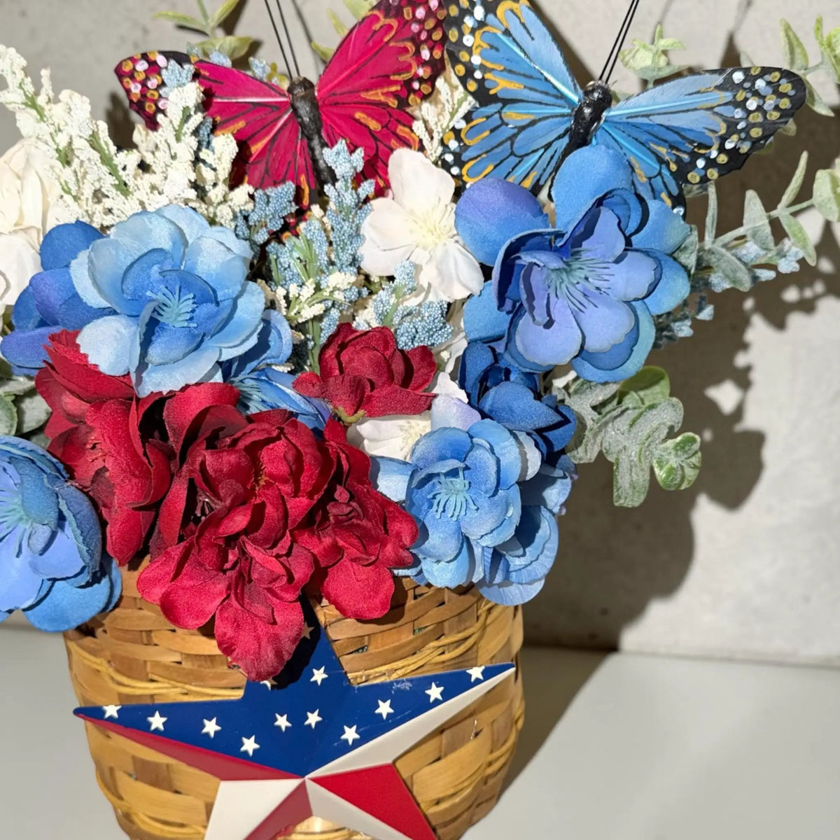 PRICE REDUCED - Patriotic Floral Door Decor Arrangement | Red White Blue Butterflies, Barn Star Basket