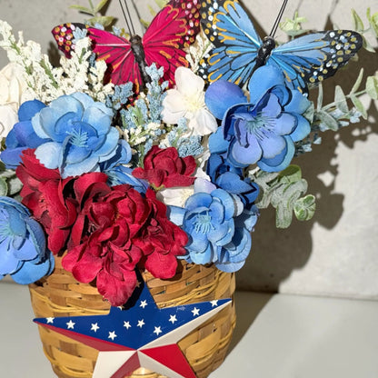 PRICE REDUCED - Patriotic Floral Door Decor Arrangement | Red White Blue Butterflies, Barn Star Basket