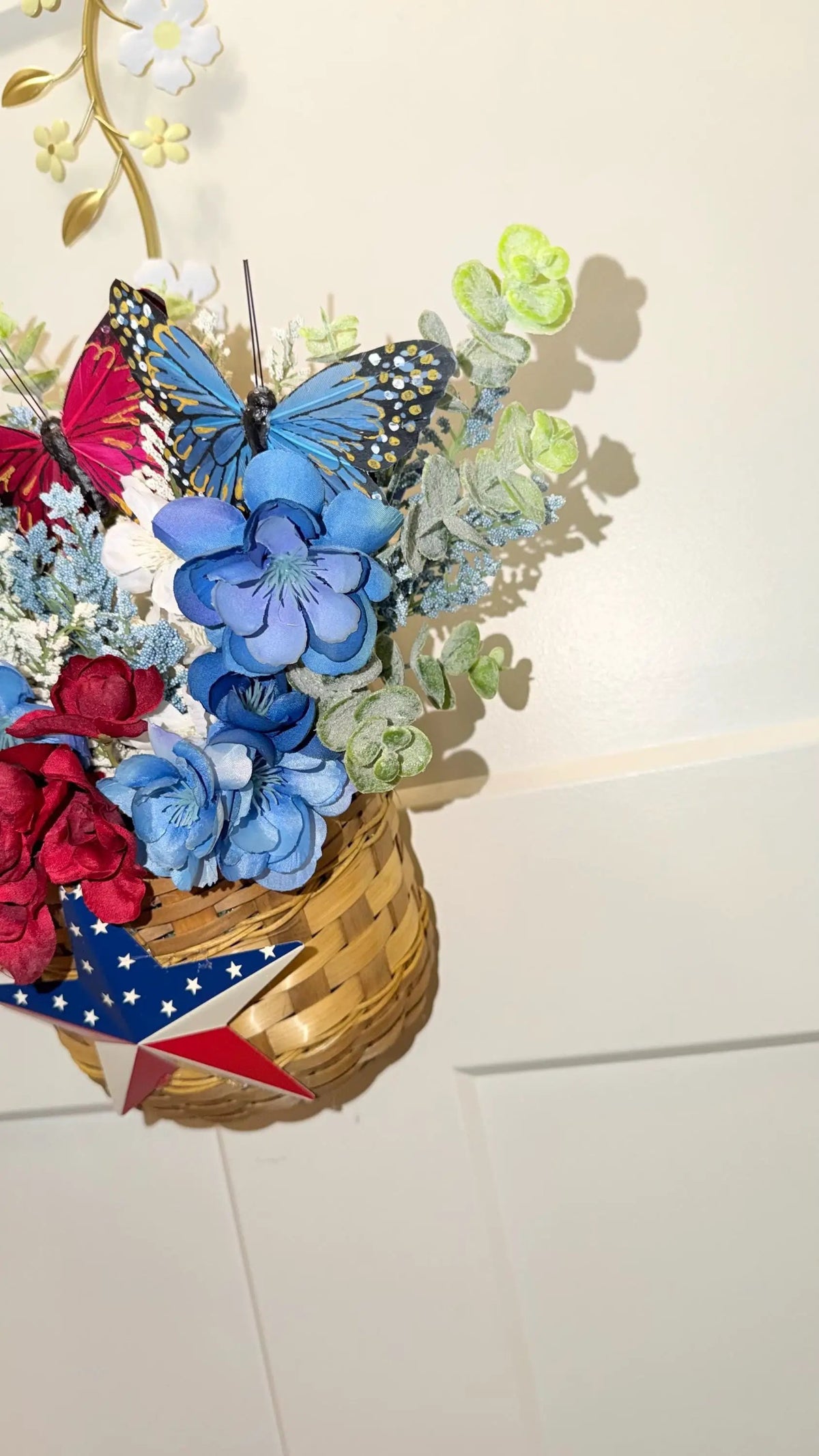 PRICE REDUCED - Patriotic Floral Door Decor Arrangement | Red White Blue Butterflies, Barn Star Basket