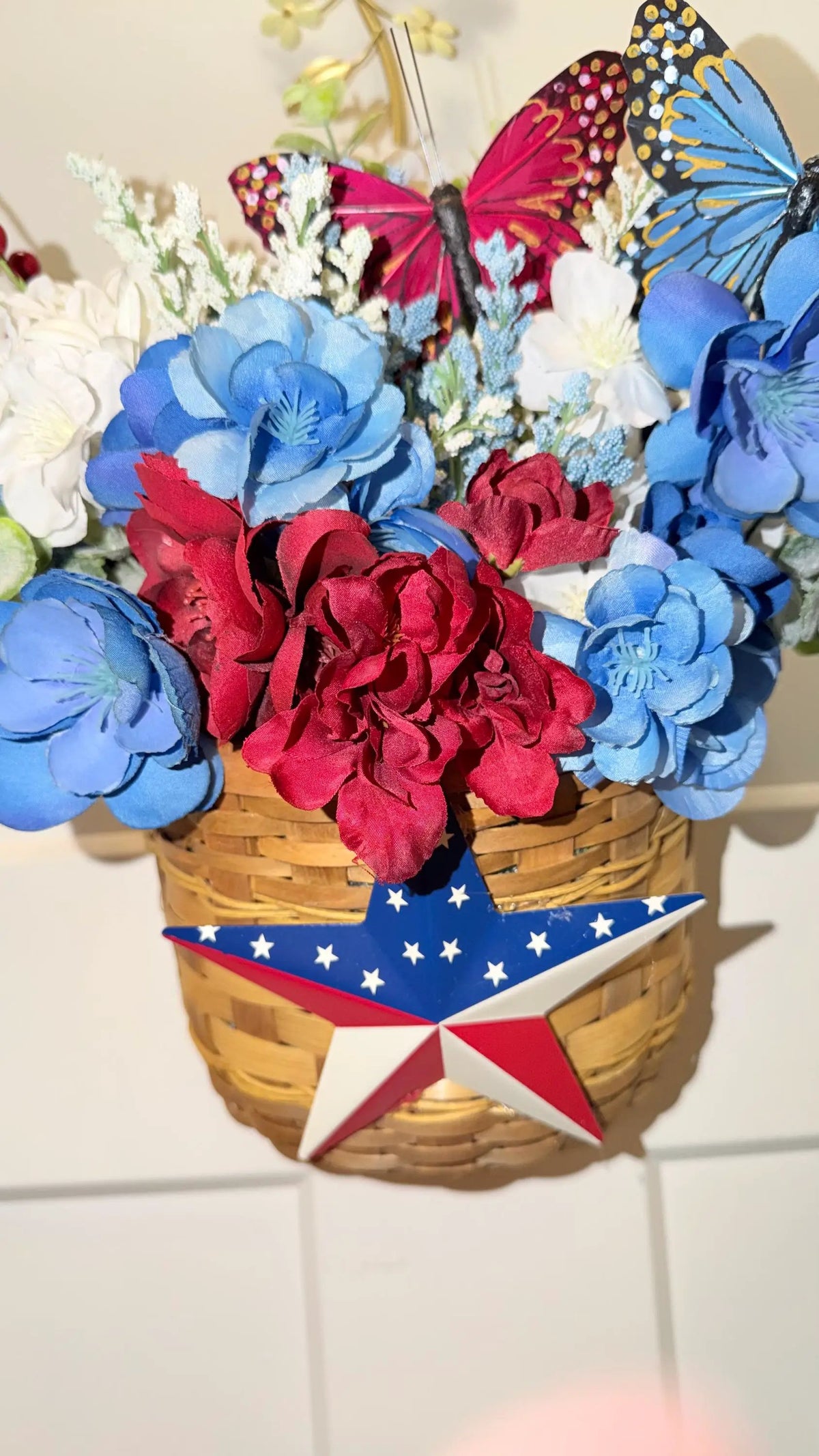 PRICE REDUCED - Patriotic Floral Door Decor Arrangement | Red White Blue Butterflies, Barn Star Basket
