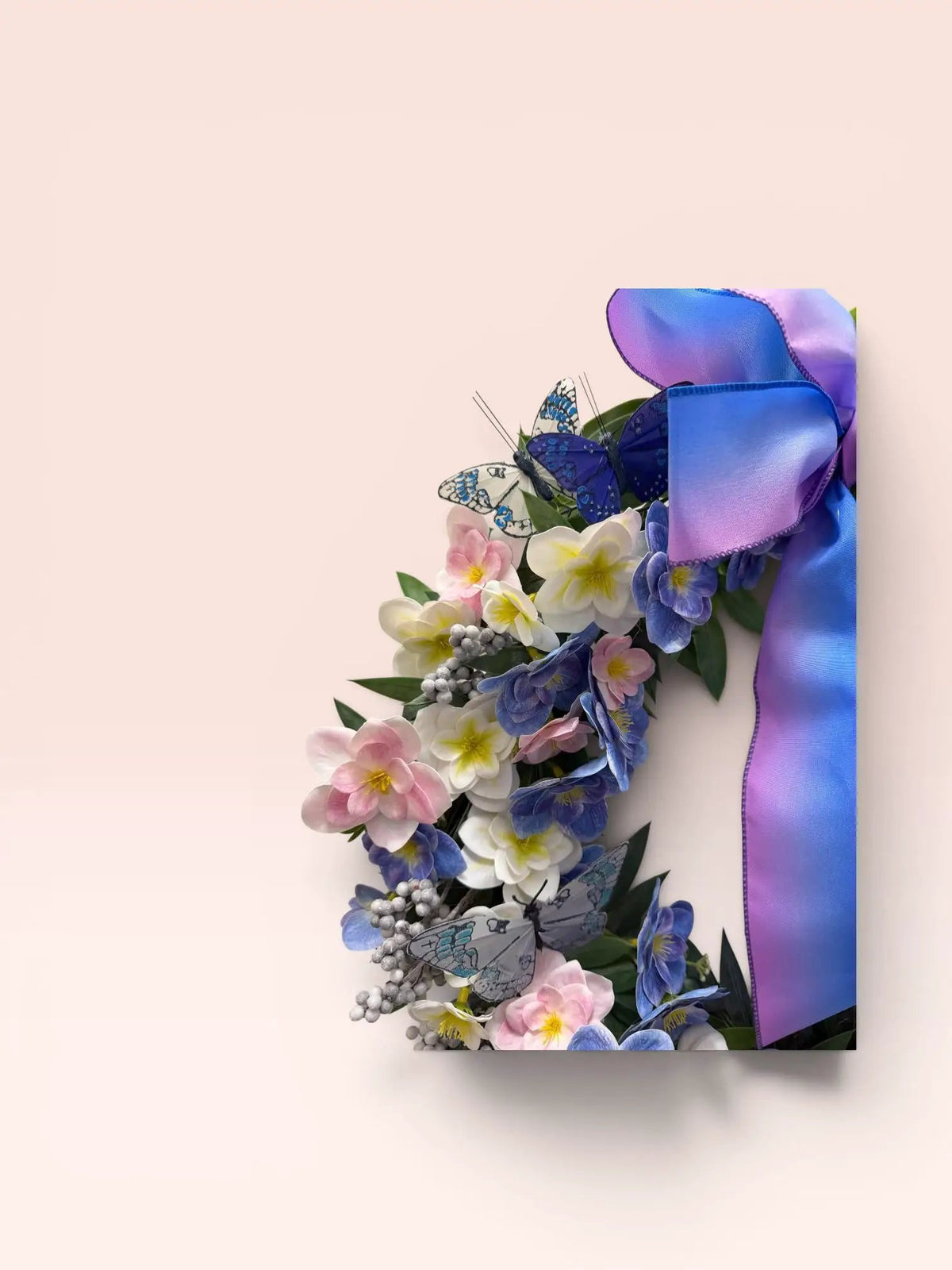 Handmade Spring Floral Wreath | Lavender Blue Pink Butterflies Ombré Bow (20 Inch)