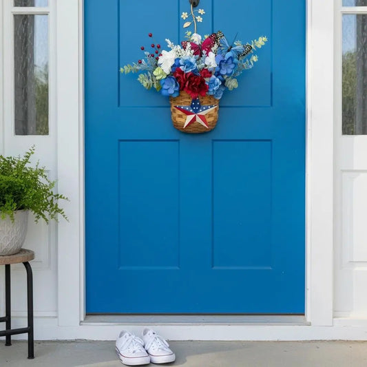 PRICE REDUCED - Patriotic Floral Door Decor Arrangement | Red White Blue Butterflies, Barn Star Basket