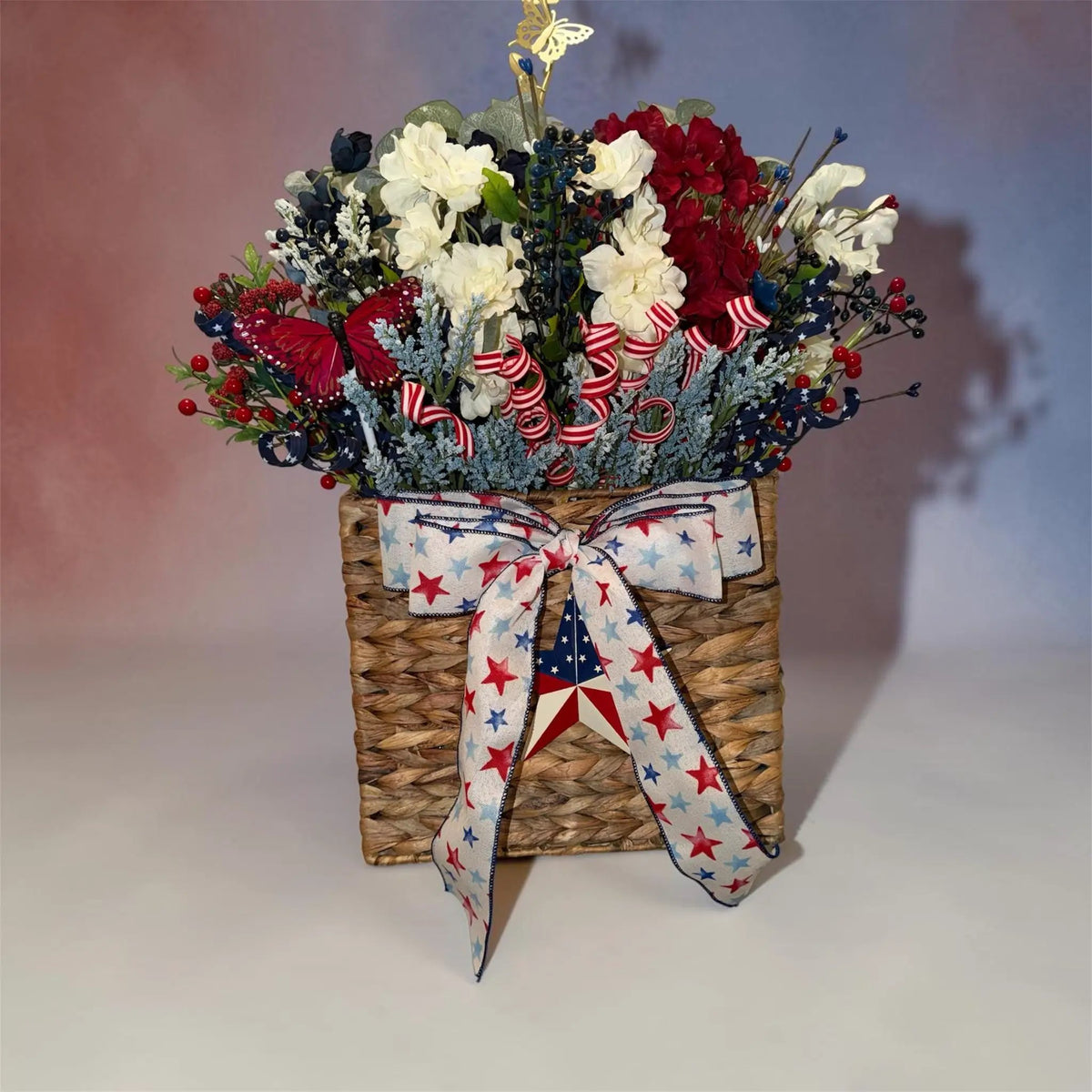 PRICE REDUCED Patriotic Door Basket Wreath: Red White Blue Silk Floral Arrangement Americana Decor