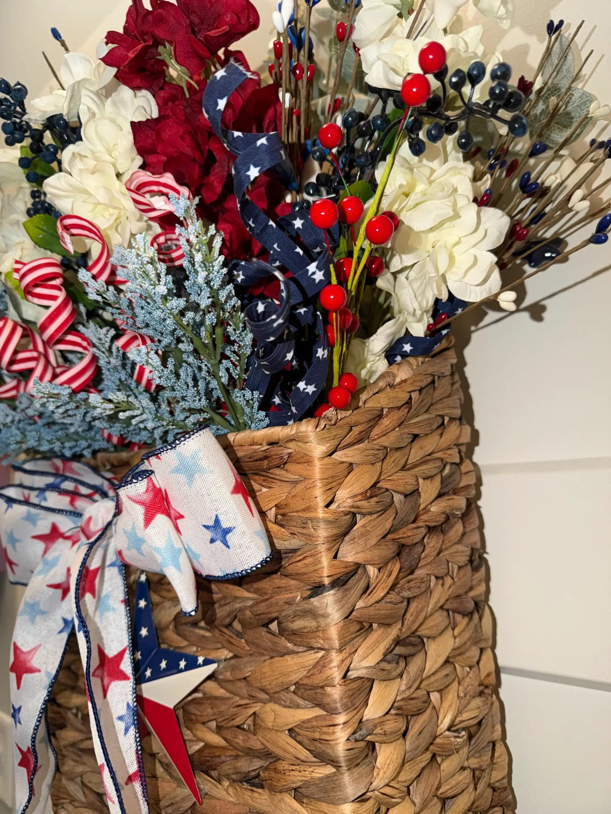 PRICE REDUCED Patriotic Door Basket Wreath: Red White Blue Silk Floral Arrangement Americana Decor