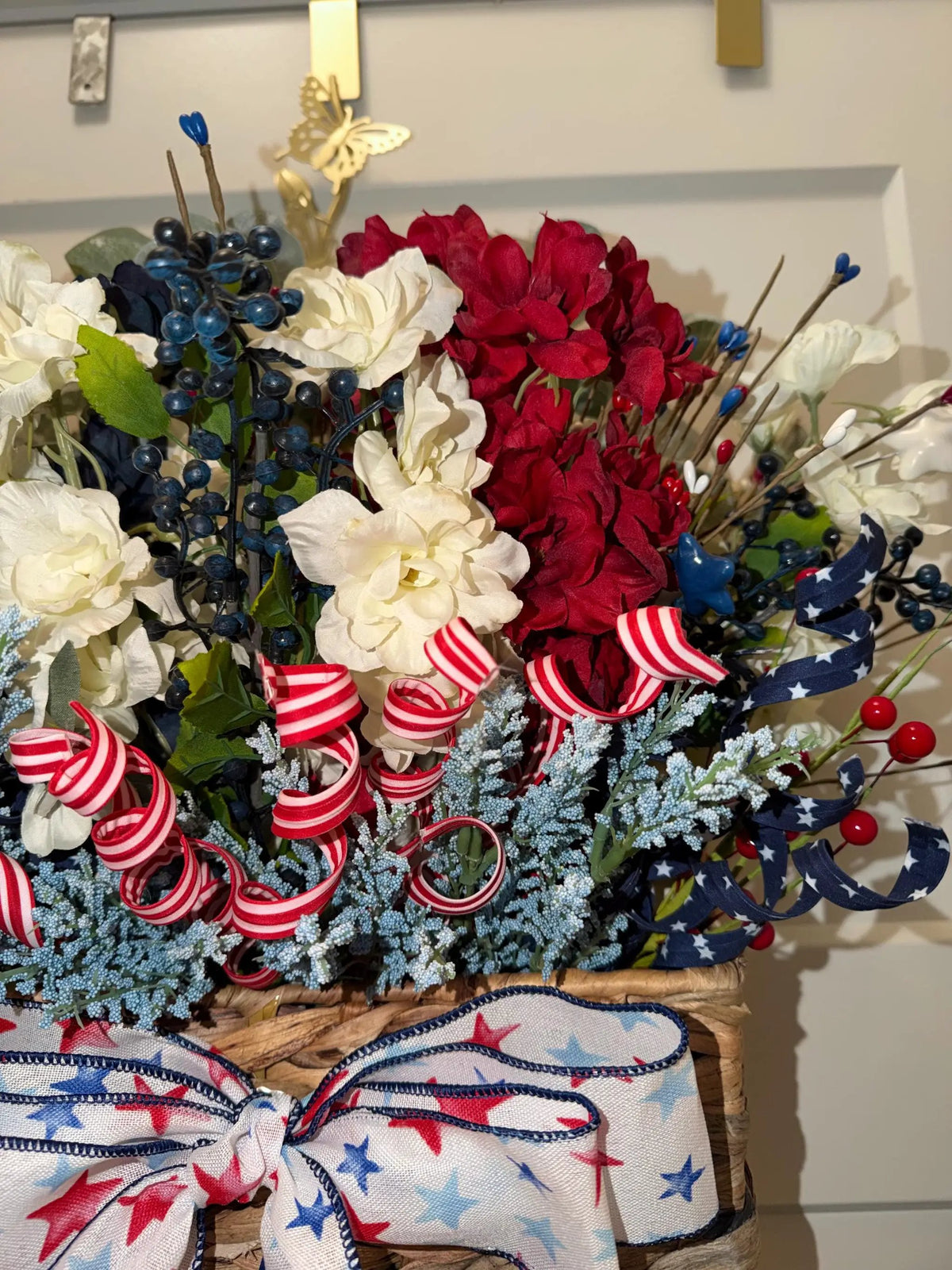 PRICE REDUCED Patriotic Door Basket Wreath: Red White Blue Silk Floral Arrangement Americana Decor