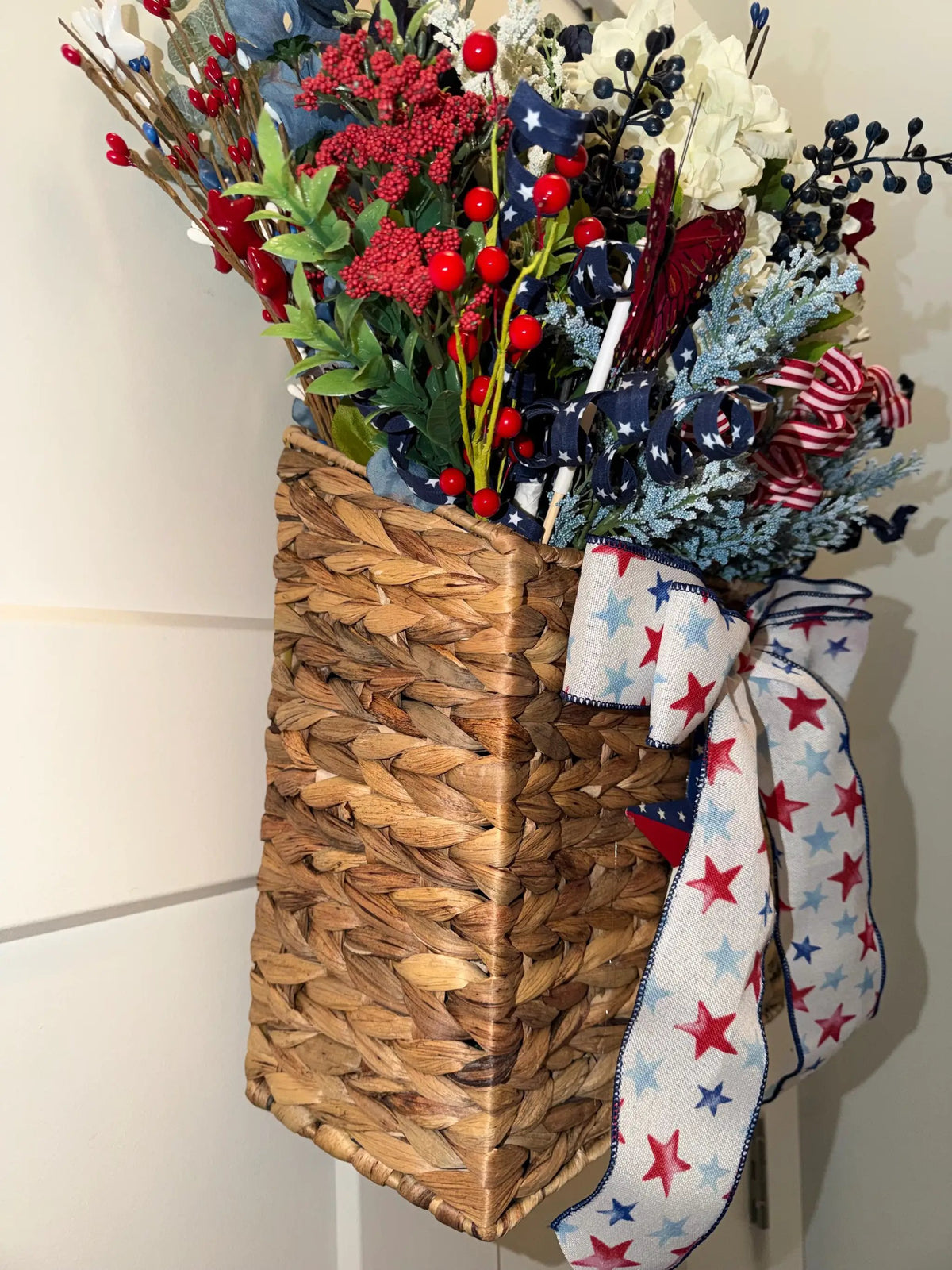 PRICE REDUCED Patriotic Door Basket Wreath: Red White Blue Silk Floral Arrangement Americana Decor