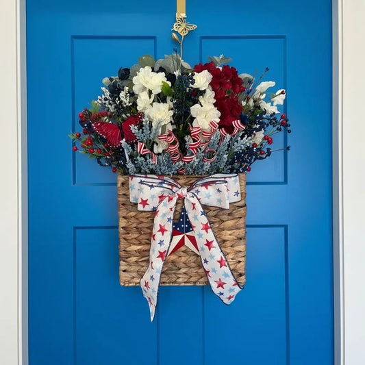 PRICE REDUCED Patriotic Door Basket Wreath: Red White Blue Silk Floral Arrangement Americana Decor