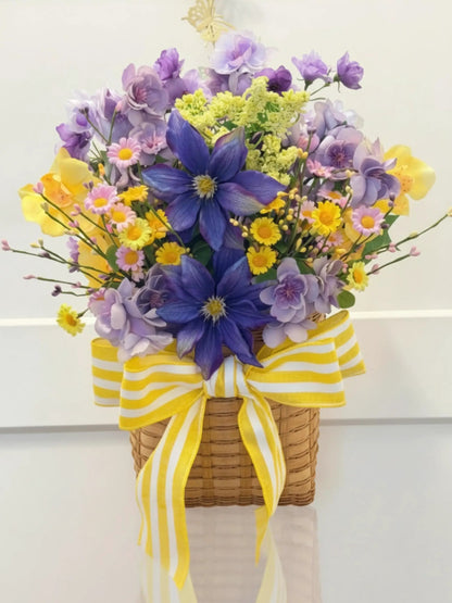 Purple & Yellow Floral Basket Arrangement | Summer Centerpiece | Clematis Hydrangea Silk Flowers