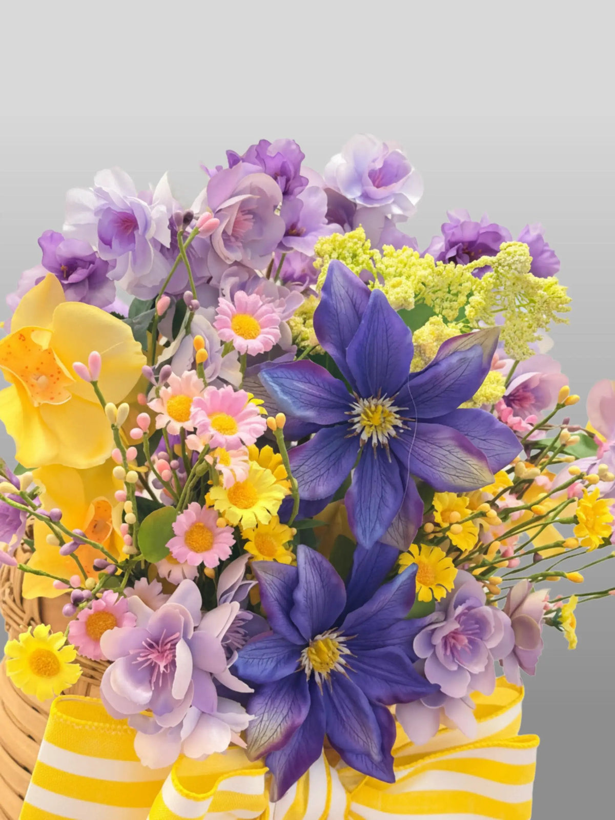 Purple & Yellow Floral Basket Arrangement | Summer Centerpiece | Clematis Hydrangea Silk Flowers