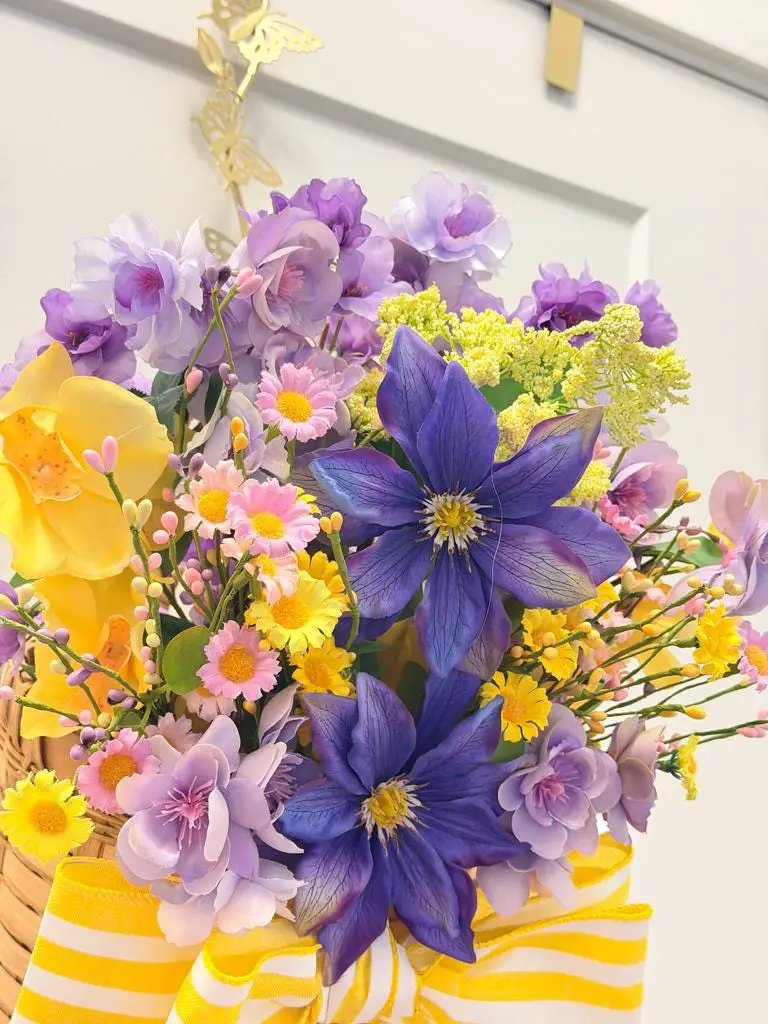 Purple & Yellow Floral Basket Arrangement | Summer Centerpiece | Clematis Hydrangea Silk Flowers