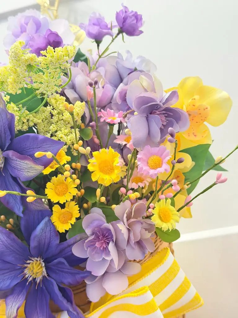 Purple & Yellow Floral Basket Arrangement | Summer Centerpiece | Clematis Hydrangea Silk Flowers