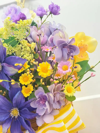 Purple & Yellow Floral Basket Arrangement | Summer Centerpiece | Clematis Hydrangea Silk Flowers