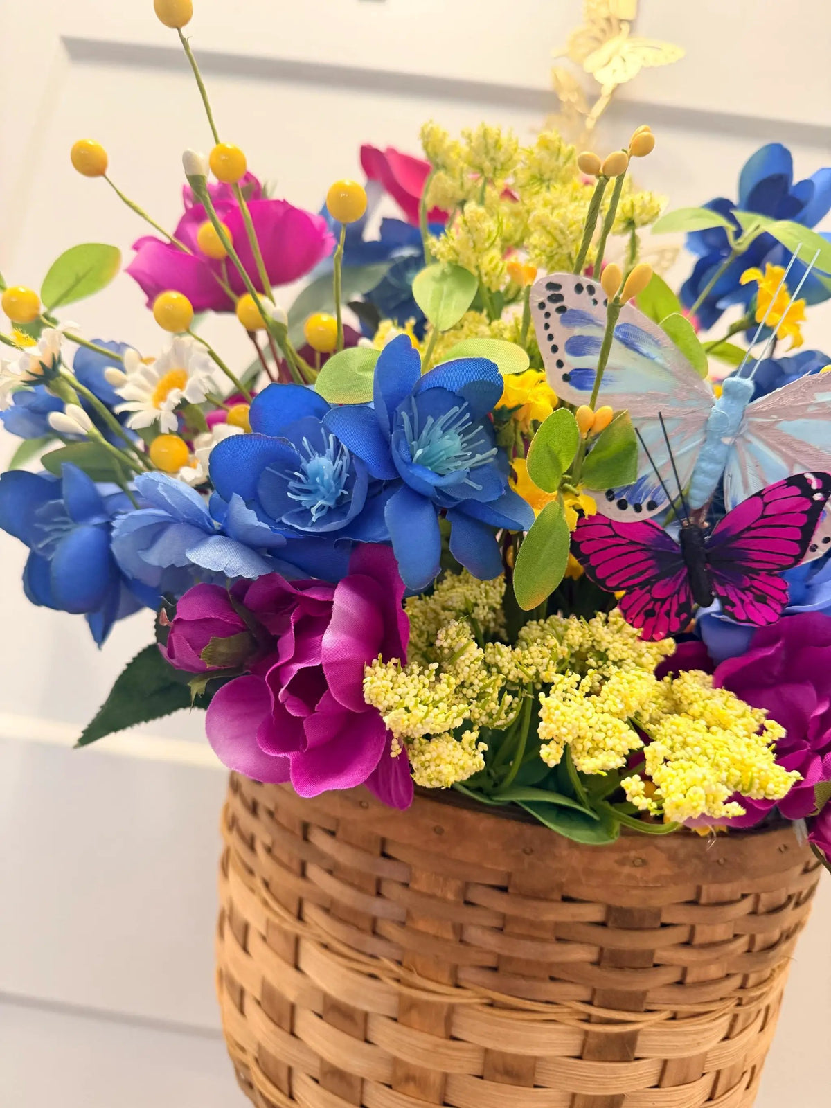Handmade Silk Flower Door Basket Arrangement | Blue Magenta Yellow Spring Summer Wreath Alternative