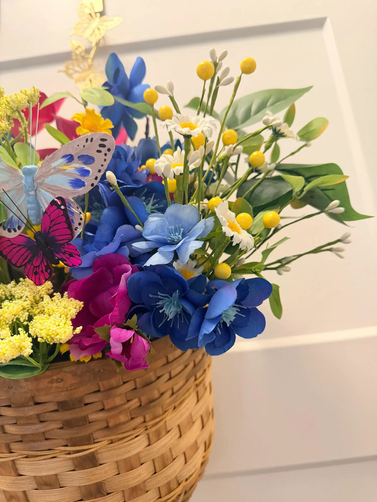 Handmade Silk Flower Door Basket Arrangement | Blue Magenta Yellow Spring Summer Wreath Alternative