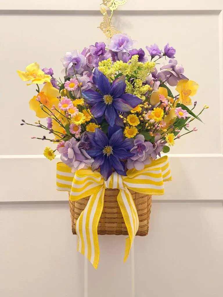 Purple & Yellow Floral Basket Arrangement | Summer Centerpiece | Clematis Hydrangea Silk Flowers
