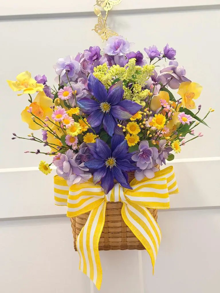 Purple & Yellow Floral Basket Arrangement | Summer Centerpiece | Clematis Hydrangea Silk Flowers