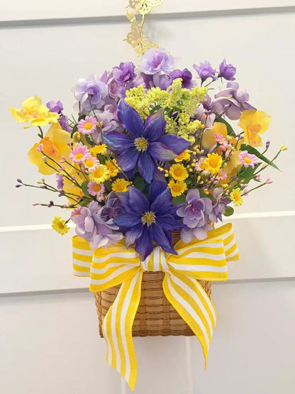 Purple & Yellow Floral Basket Arrangement | Summer Centerpiece | Clematis Hydrangea Silk Flowers