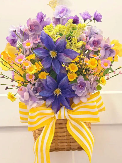 Purple & Yellow Floral Basket Arrangement | Summer Centerpiece | Clematis Hydrangea Silk Flowers