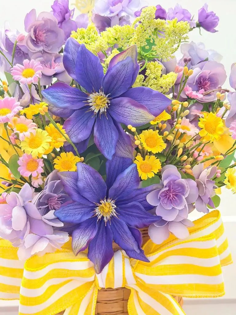 Purple & Yellow Floral Basket Arrangement | Summer Centerpiece | Clematis Hydrangea Silk Flowers