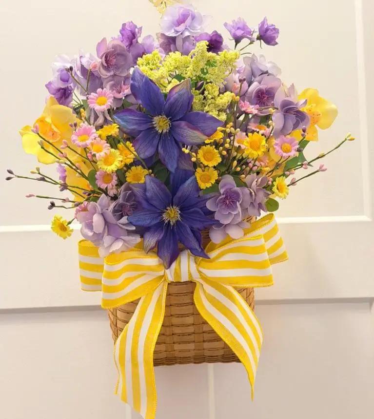Purple & Yellow Floral Basket Arrangement | Summer Centerpiece | Clematis Hydrangea Silk Flowers