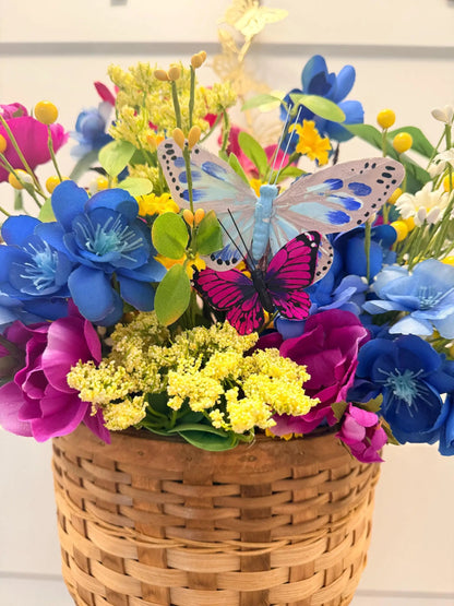 Handmade Silk Flower Door Basket Arrangement | Blue Magenta Yellow Spring Summer Wreath Alternative