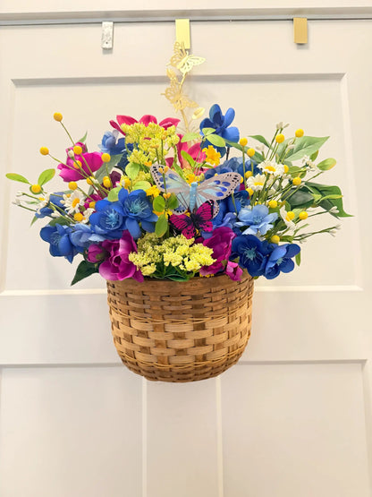 Handmade Silk Flower Door Basket Arrangement | Blue Magenta Yellow Spring Summer Wreath Alternative